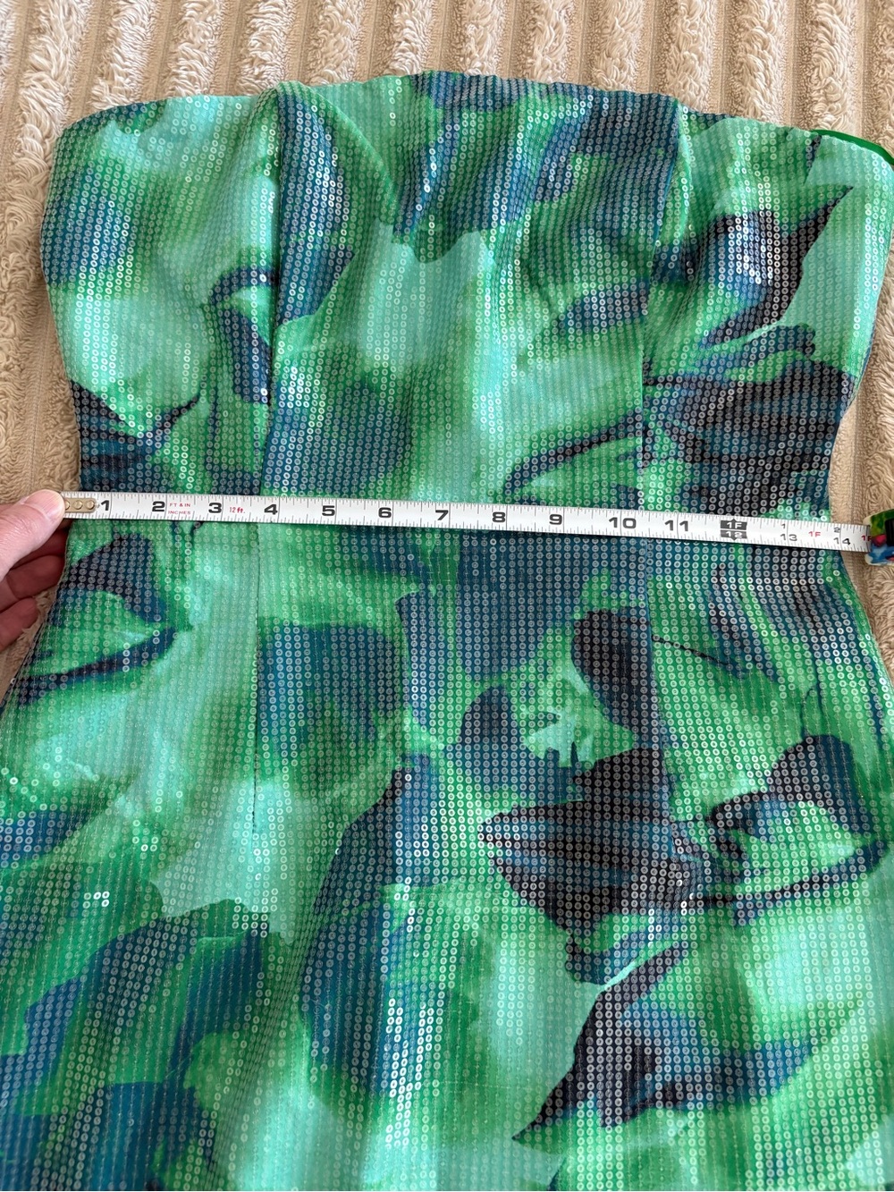 Strapless green and blue sequin floral dress - Picture 12 of 14